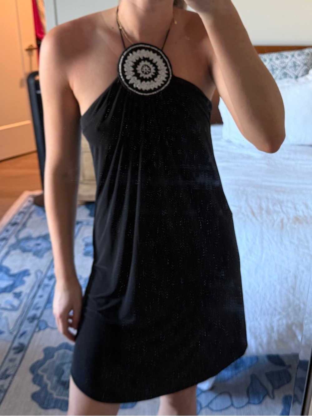 T-Bags Black Strapless Mini Dress with Embellished Medallion